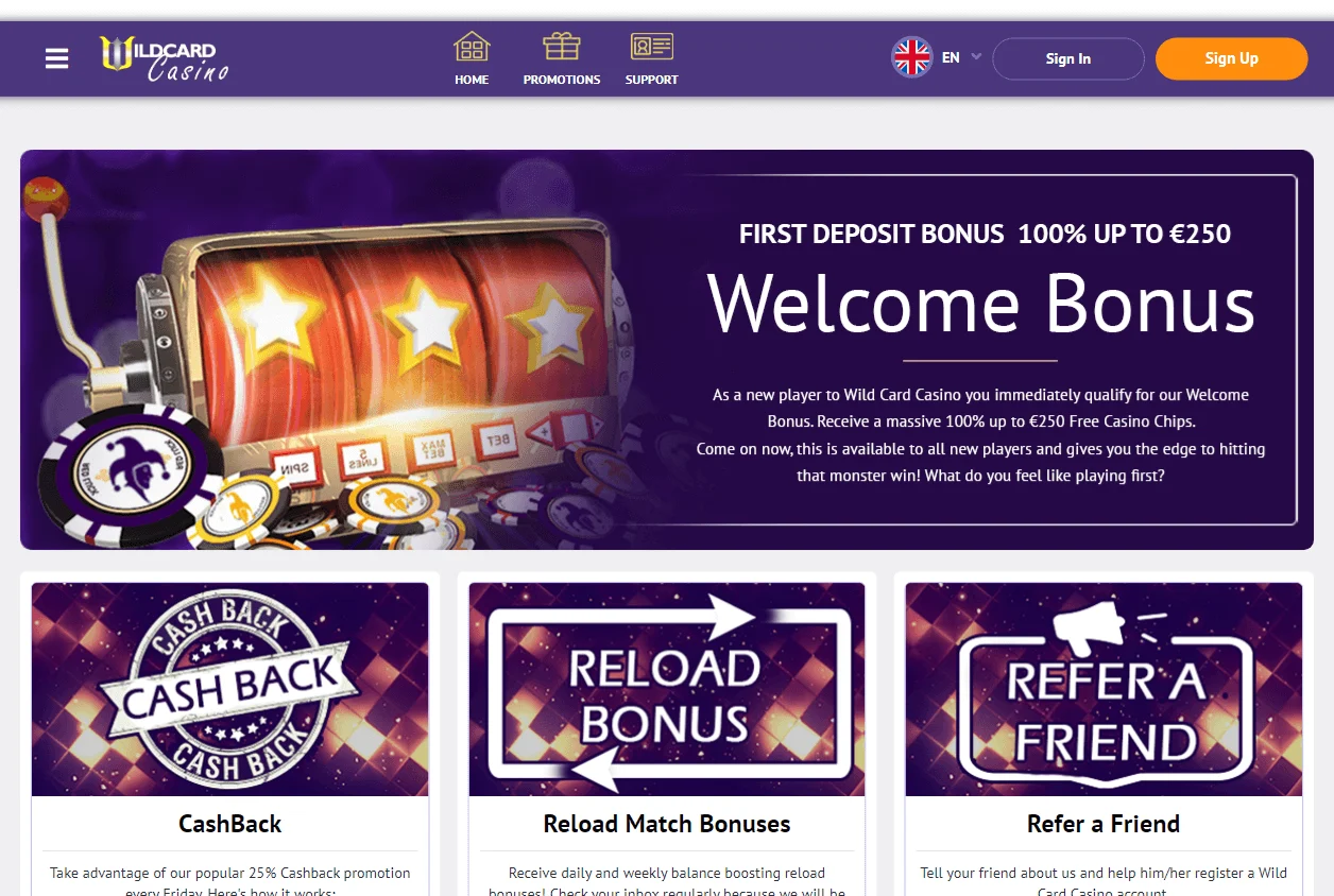 Wildcard Casino promotions screen on desktop