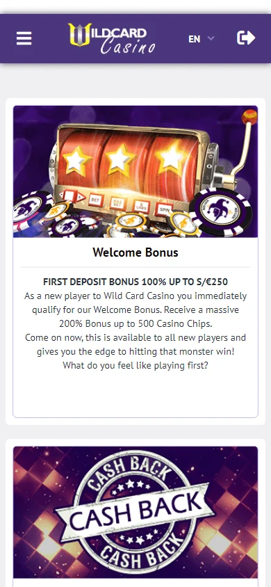 Wildcard Casino promotions screen on a mobile device