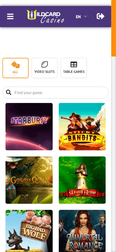 Wildcard Casino games screen on a mobile device