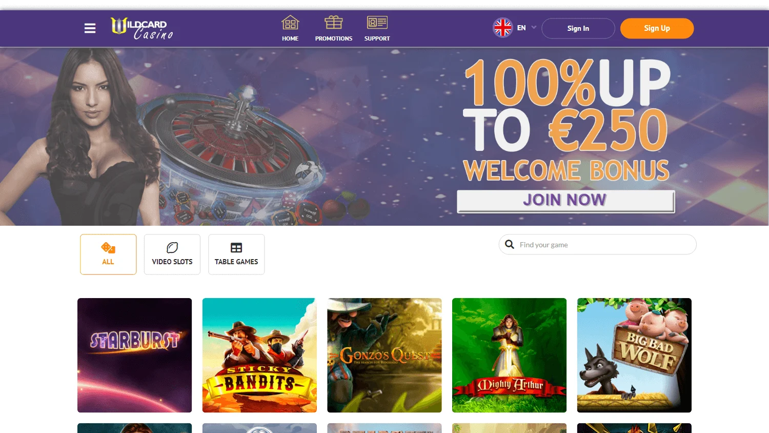 Wildcard Casino home screen on desktop