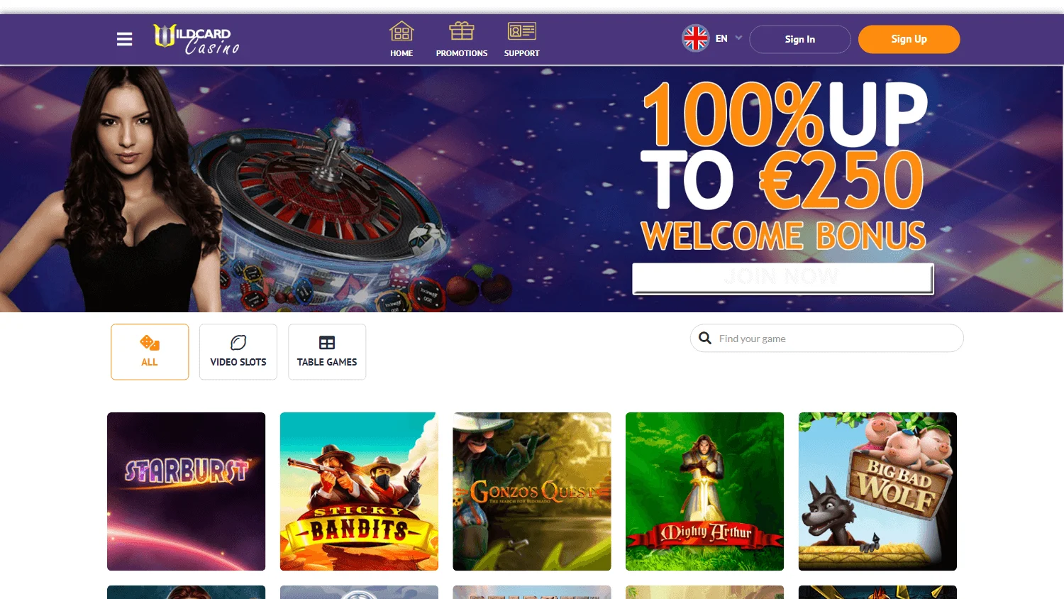 Wildcard Casino games screen on desktop