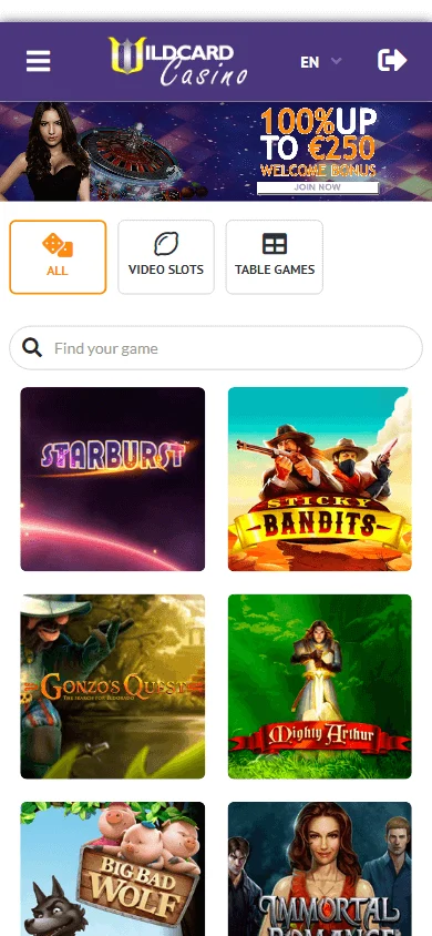 Wildcard Casino home screen on a mobile device